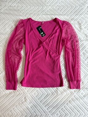 Fuchsia Mesh-Sleeve Wrap Front Knit Top